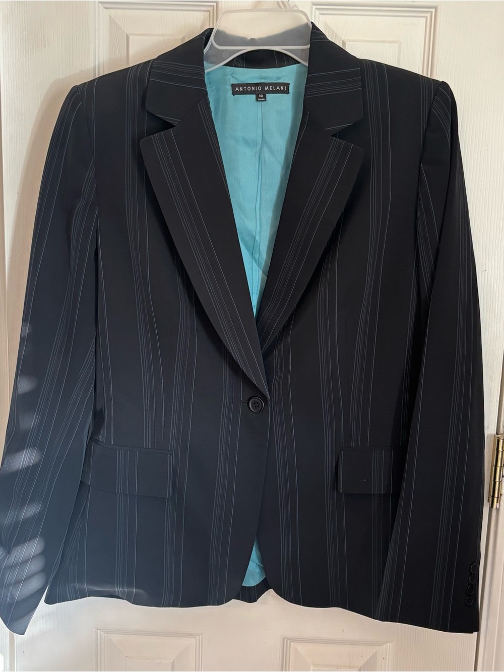 ANTONIO MELANI Black Pinstripe Blazer with Teal Lining